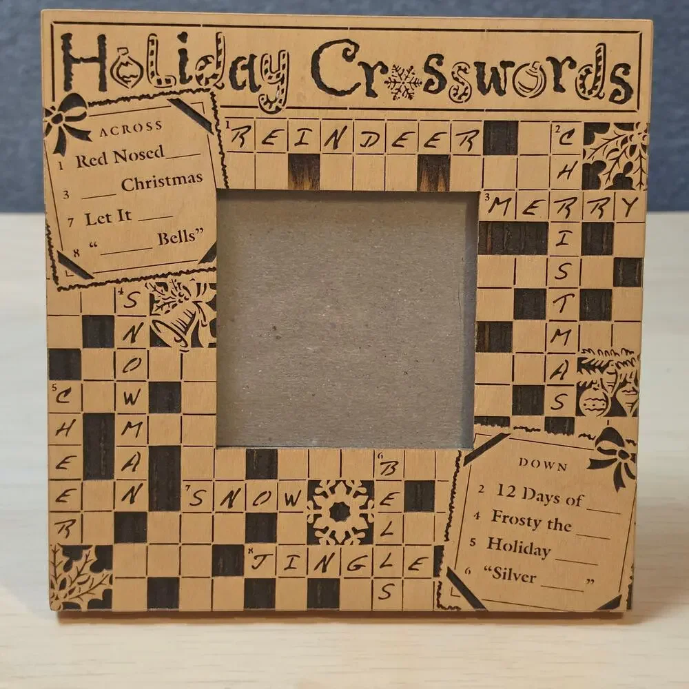 Vintage Christmas Holiday Crosswords Wooden Picture Frame Winter Decor Holiday
